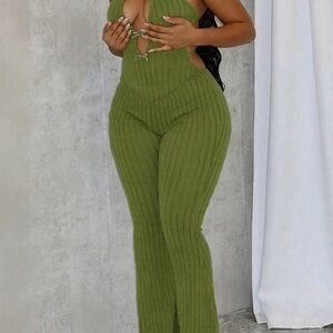 SHEIN Olive Ribbed Cutout Jumpsuit